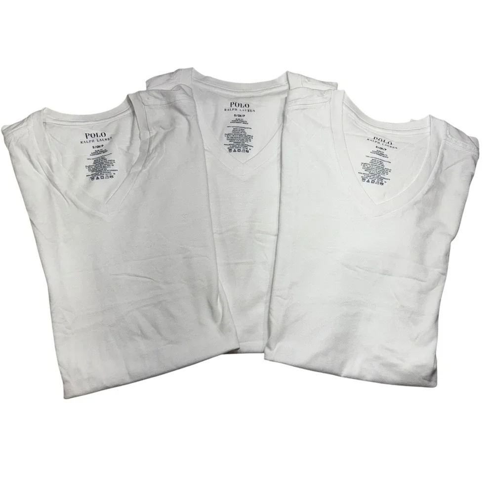 Polo Ralph Lauren Men 3 Pack White V-Neck Slim Fit Cotton Undershirts Size Small
